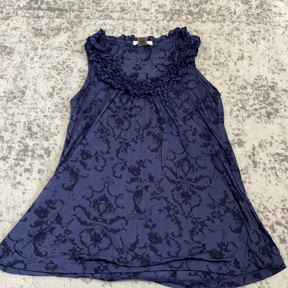 Testament sheer navy ruffled neckline tank size M date night , dinner‎ , spring